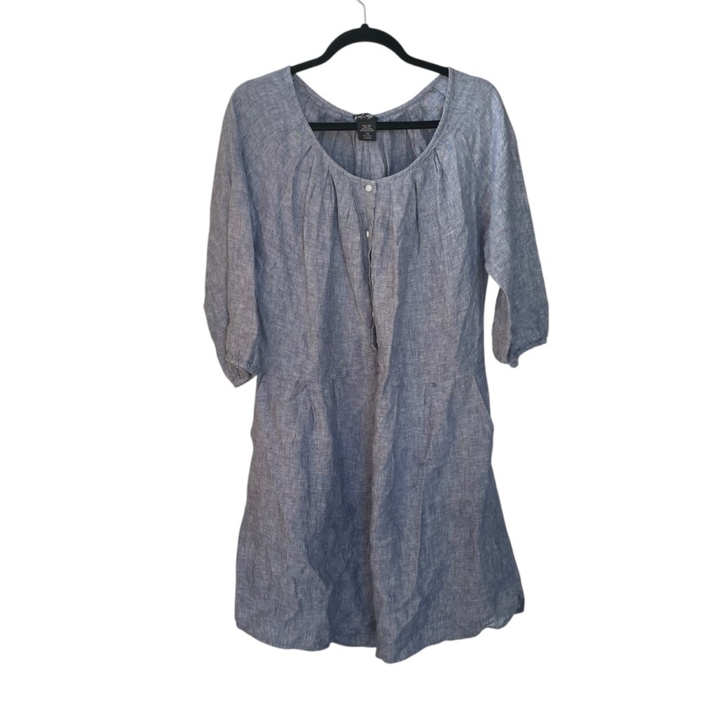 Lord & Taylor Linen Puff Sleeve Summer Mini Dress Blue L